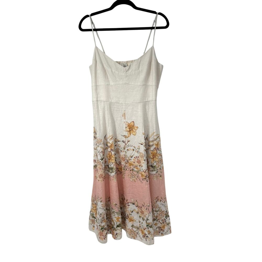 Joie Tan Pink Floral Linen Blend Spaghetti Adjustable Strap Midi Dress L Womens